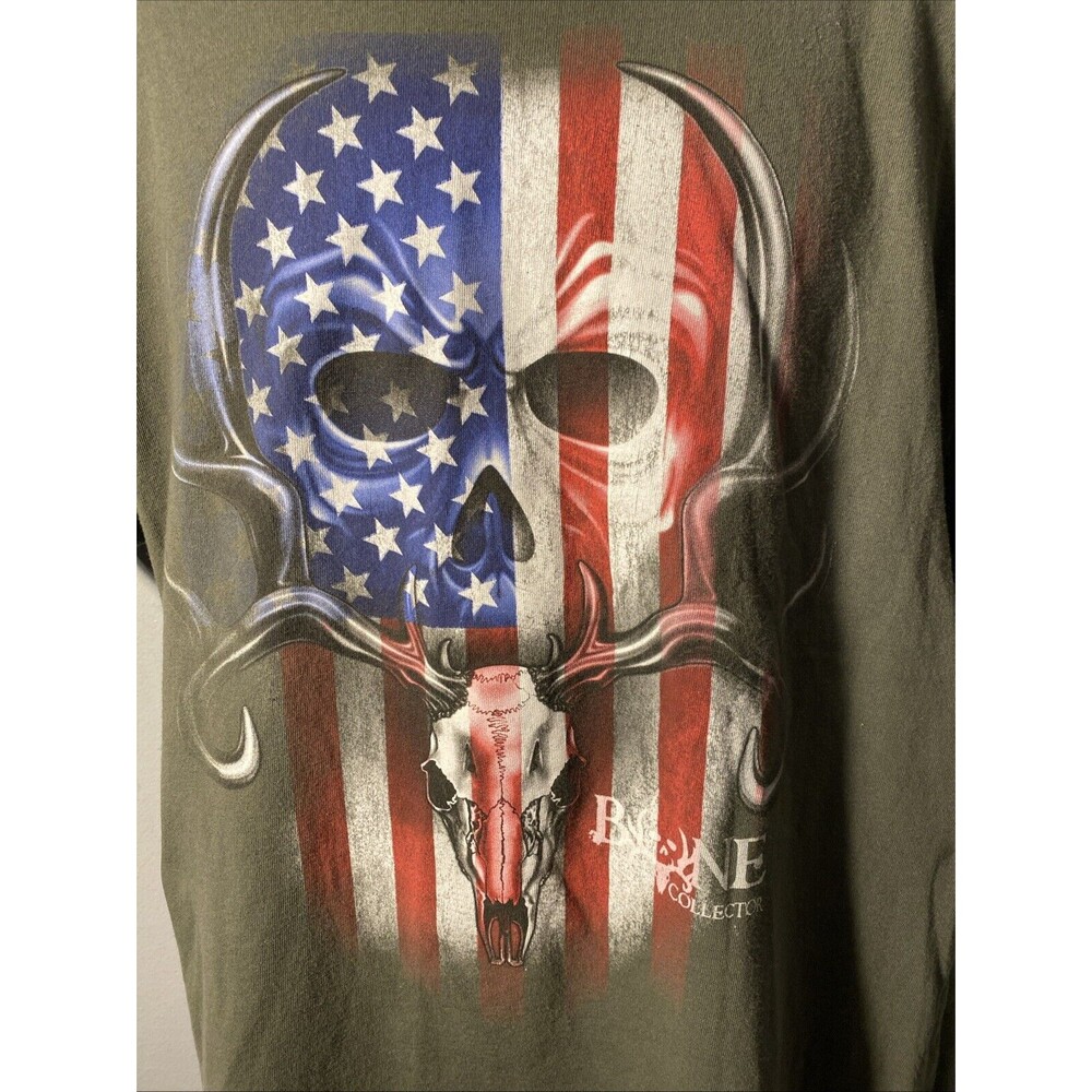Bone Collector Men's T Shirt Green American Flag Skull Cotton Size‎ XL